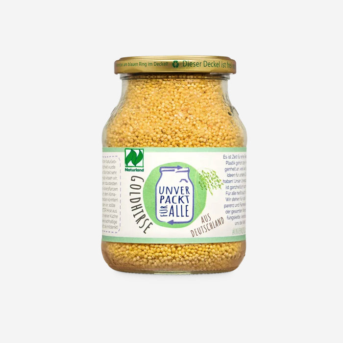 Organic Golden Millet 430g in a returnable glass jar